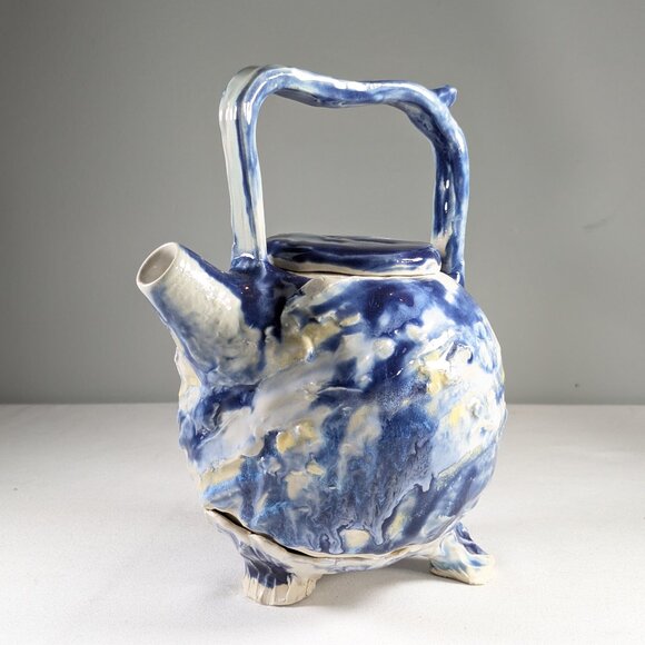 Sassy handmade teapot on stand, hand built ceramic tea pot summer clouds - Picture 1 of 15